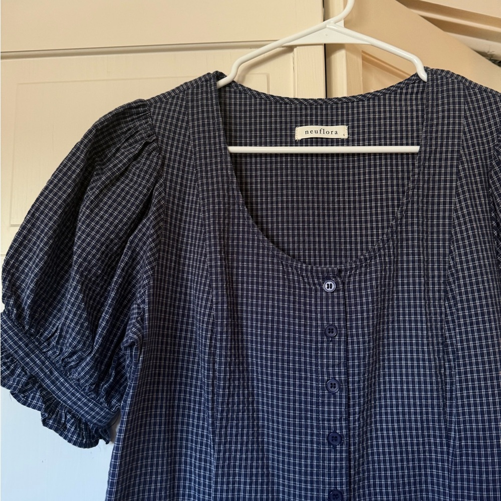 neuflora Navy Checked Midi Dress with Button Front